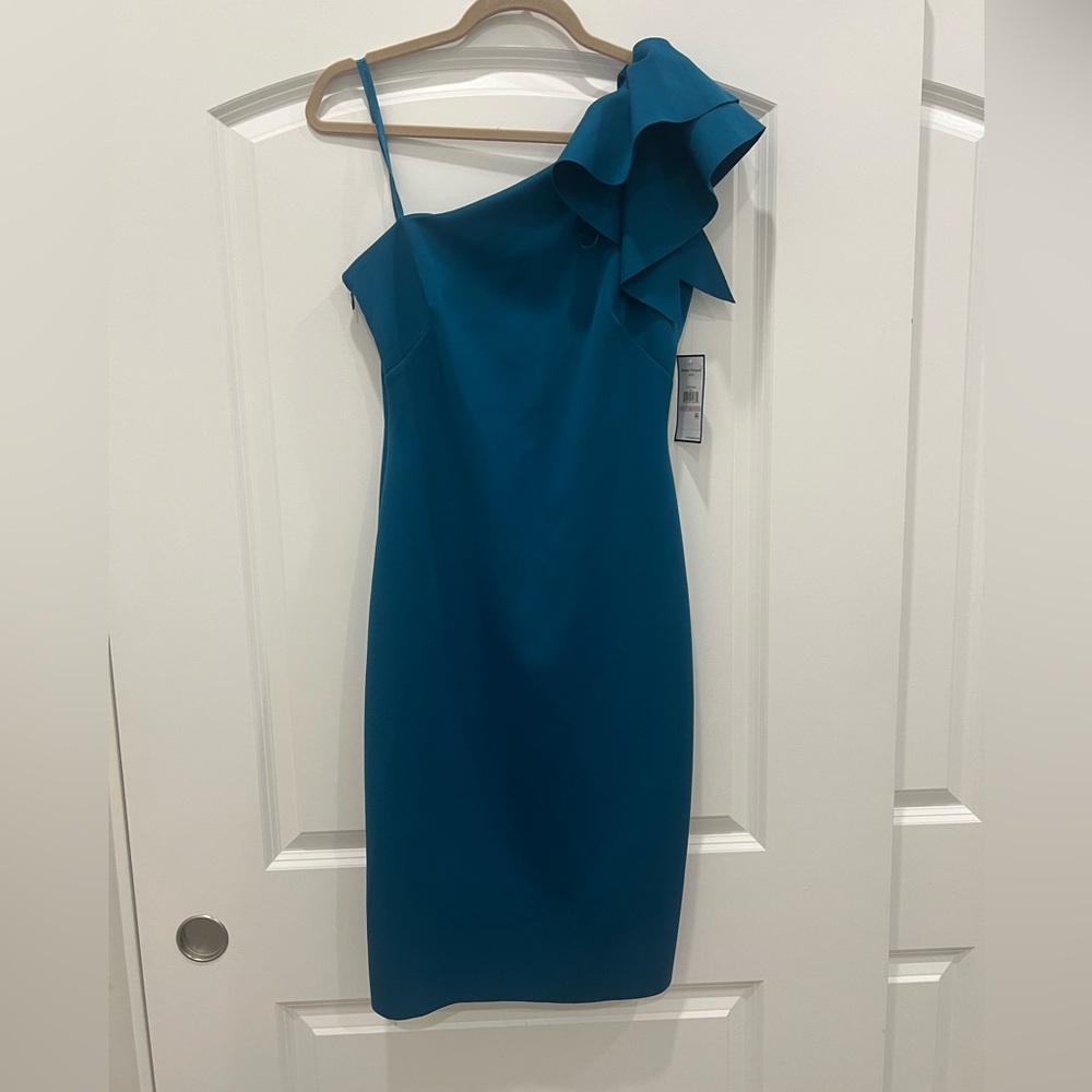 Jessica Howard Teal One-Shoulder Ruffle Sheath Dress